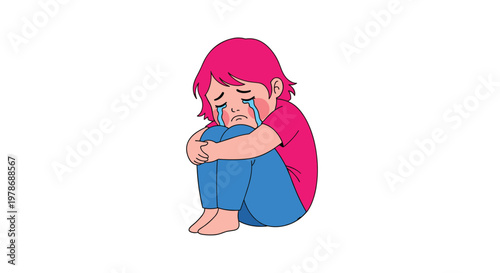 Emotional illustration of a young girl with bright pink hair sitting on the ground and crying while hugging her knees in distress.