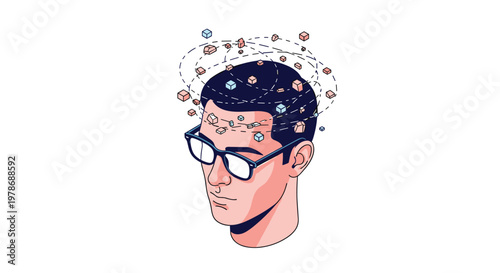 Conceptual portrait of a man with glasses as various colorful geometric cubes and lines orbit his head representing complex thinking.