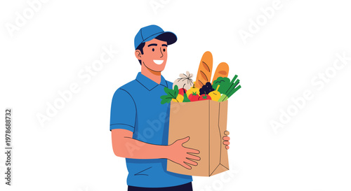 Smiling delivery man in a blue uniform and cap carrying a large brown paper bag filled with fresh groceries including bread and vegetables.