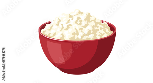 Detailed food illustration of a deep red ceramic bowl filled with creamy white cottage cheese showing a curdled texture.
