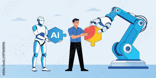 A man and a robot are working together with a robotic arm to complete a puzzle piece with AI