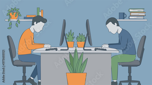 Illustration of two office workers with poor posture at computer desks