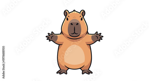 Cute cartoon character of a brown capybara standing on its hind legs with arms spread wide for a hug on a white background.