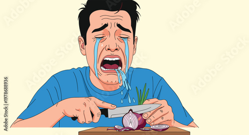Humorous illustration of a man in a blue shirt crying profusely with exaggerated tears while chopping a red onion on a wooden board.