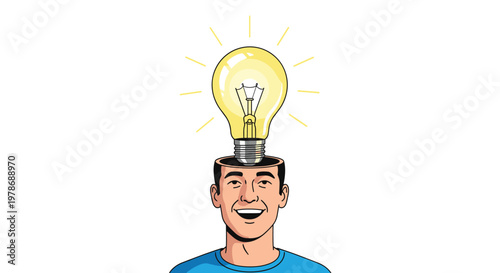 Conceptual illustration of a smiling man with a glowing yellow lightbulb emerging from his open head representing a bright idea.