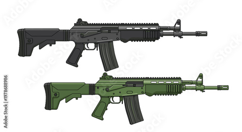Detailed side-view illustration of two modern assault rifles in black and tactical olive drab green colors against a white background.