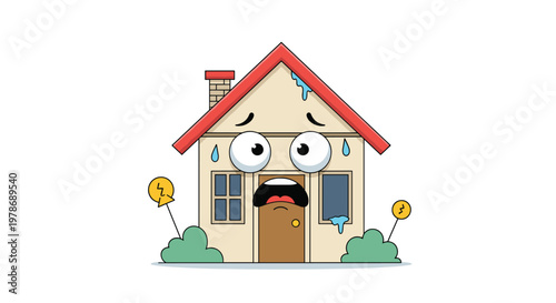 Worried cartoon house character with large eyes and beads of sweat appearing terrified on a plain white background.