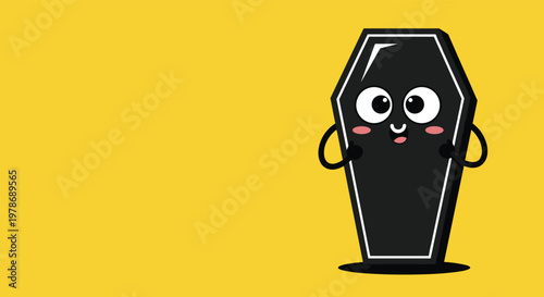 Adorable cartoon coffin character with big friendly eyes and a smile appearing on a bright yellow background space.