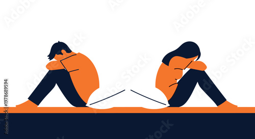 Silhouette of a man and woman sitting back to back with heads bowed in sadness or conflict on an orange ground.
