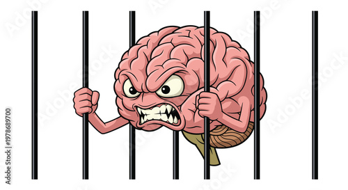 Angry pink brain character holding onto the bars of a prison cell in an illustration about mental health or captivity.