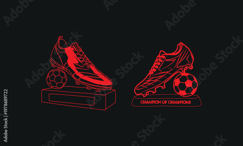 Two striking red football boot trophies resting atop detailed spherical soccer balls on rectangular engraved pedestals that symbolize the ultimate victory for professional players who demonstrate exce
