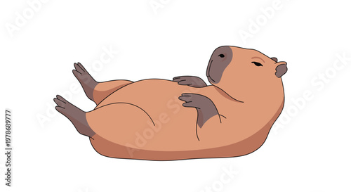 Large capybara animal lying comfortably on its back with legs in the air in a relaxed and peaceful cartoon drawing.