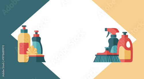 The image features flat illustrations of cleaning supplies like bottles and brushes on a geometric blue, yellow, and white background.