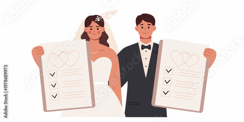A newlywed couple happily checks off items on their wedding checklist