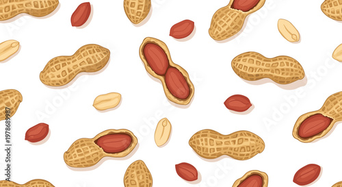 Seamless pattern of roasted peanuts in shells and whole kernels scattered randomly over a clean white background.