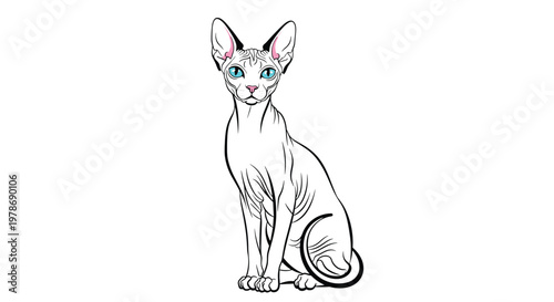 Elegant hairless Sphynx cat sitting upright with bright blue eyes in a detailed line art and color illustration.