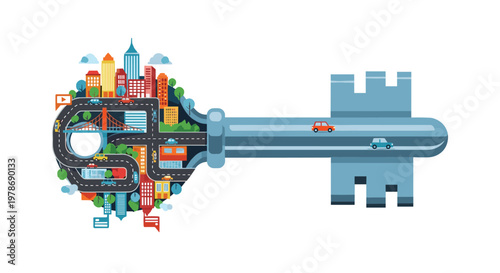 Creative key illustration where the handle incorporates a bustling city skyline with skyscrapers, roads, and cars.