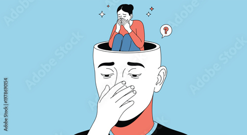 Thoughtful man with his head opening to reveal a woman crying inside in a surreal illustration about complex emotions.