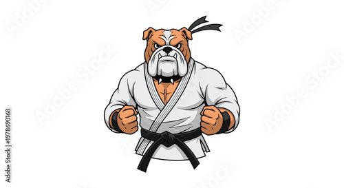 Muscular brown bulldog wearing a white martial arts gi and a black belt in a determined karate, judo, or aikido pose.