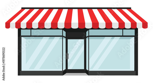 Small shop storefront illustration with a red and white striped awning and large empty glass display windows.
