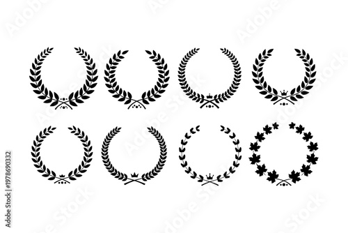 Black Laurel Wreath and Award Icon Set with Crown and Maple Leaf