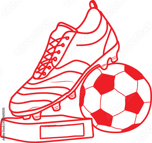 Decorative red outline illustration featuring a professional soccer cleat resting atop a victory pedestal next to a classic round football to symbolize athletic achievement and championship glory for 