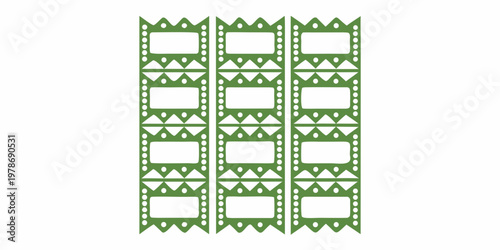 Three green patterned columns with geometric shapes and rectangular voids