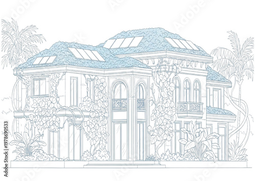 Architectural sketch of a luxurious villa with lush tropical plants and a tiled roof