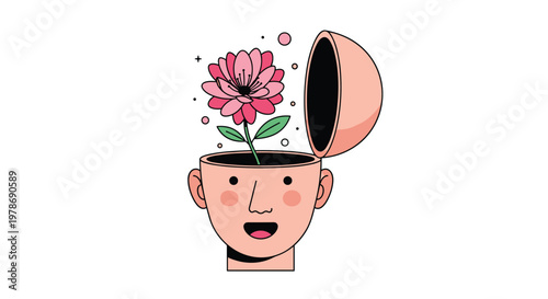 Human head opening up with a beautiful pink flower blooming from inside, symbolizing creativity, growth, and open mindedness.