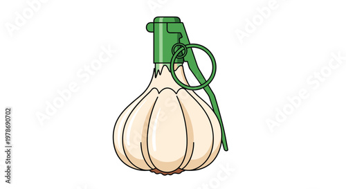 Creative illustration of a garlic bulb shaped like a hand grenade with a green pin, symbolizing powerful flavor or culinary impact.