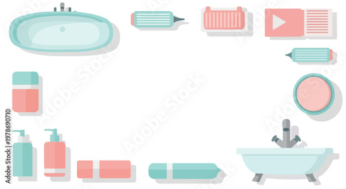 This image features various pastel-colored bathroom icons like sinks, bottles, and tubes, arranged as a frame around a white space.