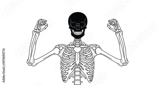 Human skeleton flexing its arm muscles with a black skull, representing strength from within, fitness, or spooky halloween concepts.