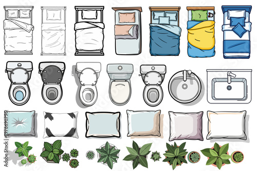Bedding icons, pillow illustrations, hotel room clip art, bathroom symbols, cartoon furniture set