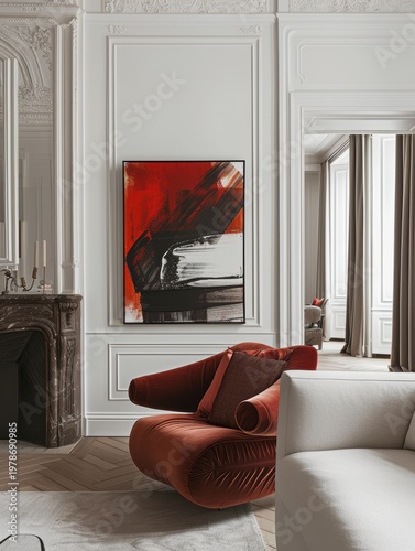 Poster mockup in an interior with red details.