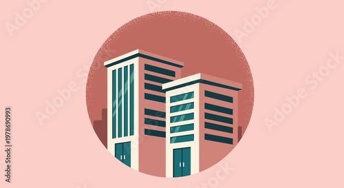 A minimalist illustration depicts two modern buildings within a circular reddish pink frame
