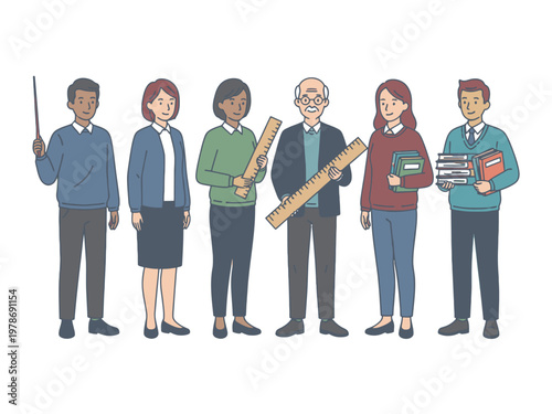 Diverse group of teachers with school equipment illustration