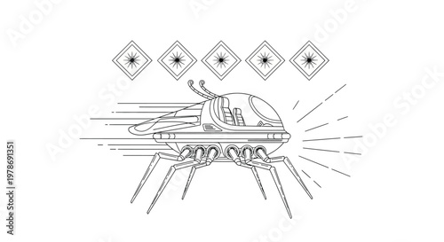 A retro futuristic black and white illustration depicts a spider like spaceship ascending upwards