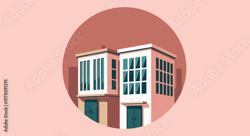 A simplified geometric illustration of a two story building with a reddish pink color scheme
