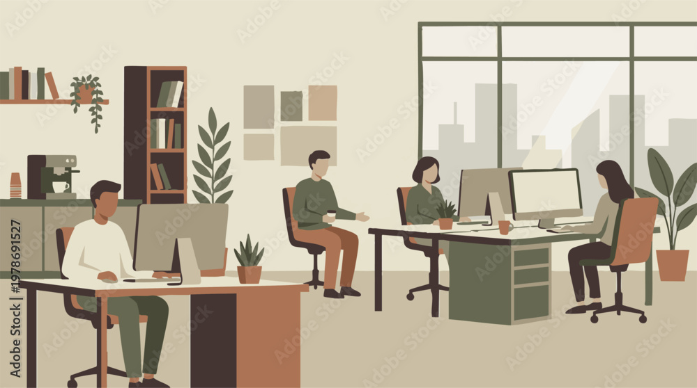 Fototapeta premium Modern open-plan office with diverse employees working on computers