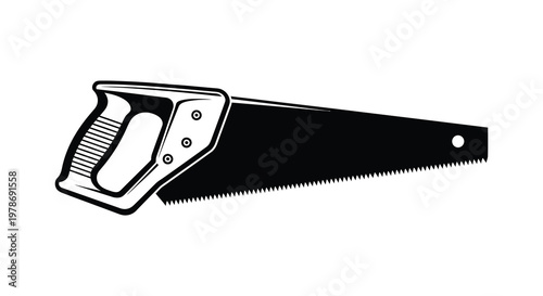 A black and white illustration of a hand saw bold silhouette