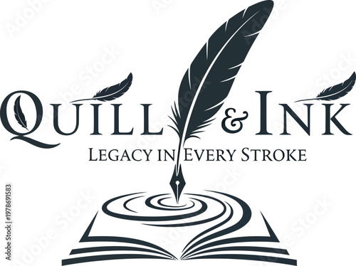 A logo for Quill & Ink featuring a feather quill pen and an open book on a white background