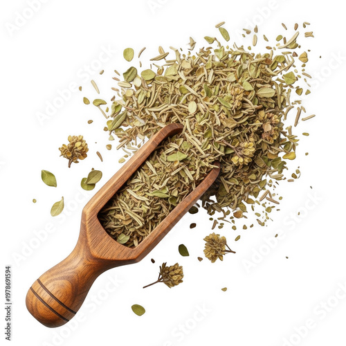 Wooden spoon filled with dried herbs and spices for cooking and seasoning