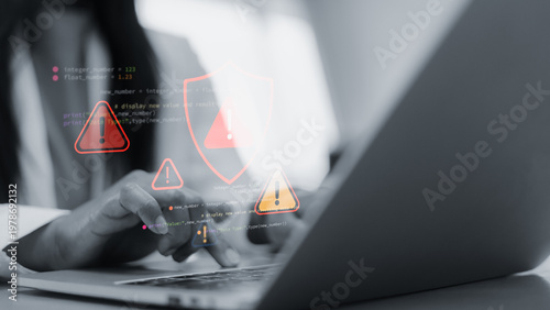Bilde på lerret Cyber security alert with red warning icons on laptop screen