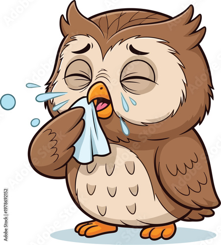 A cartoon owl blowing its nose with a tissue while crying.