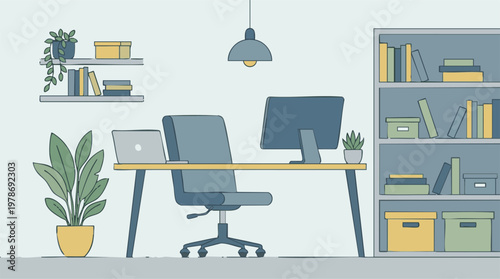 Minimalist home office workspace with desk, computer, chair, and bookshelf