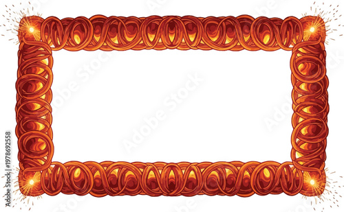 A vibrant orange frame with a fiery design on a white background