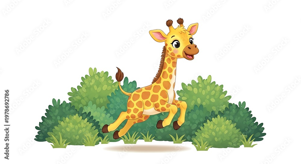 Obraz premium Cute baby giraffe playing outdoors, cheerful cartoon illustration with green bushes and clean background