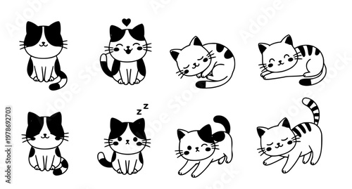 Simple Cute Cat Illustration Set – Minimal Cartoon Kitten Characters Vector Collection