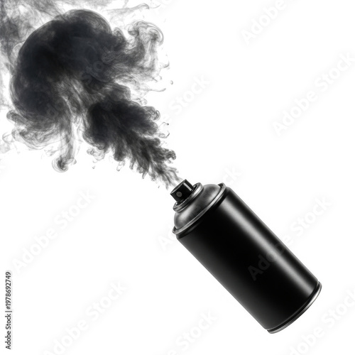 A spray can emitting dark liquid or ink in a dynamic burst pattern