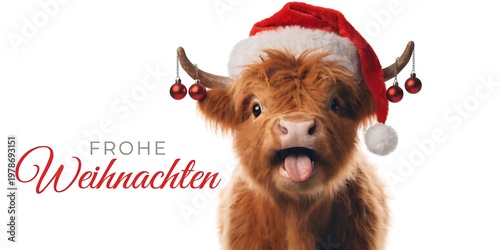 Highland Cow Wearing Santa Hat with Ornaments, Celebrating Frohe Weihnachten